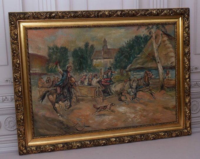 Antique Large Painting - Cracow Wedding Kossak Painting - Horses Oil Painting on Canvas - Wall Art - Home Decor - Gift for Wedding