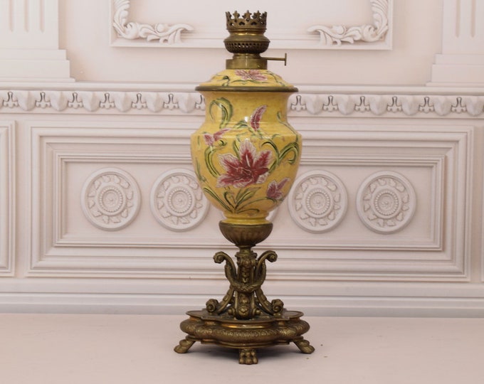 Large Kerosene Porcelain Lamp - Vintage Porcelain - Old Stand Kerosene Lamp - Floral Ornaments - Home Office Decor - Gift Idea