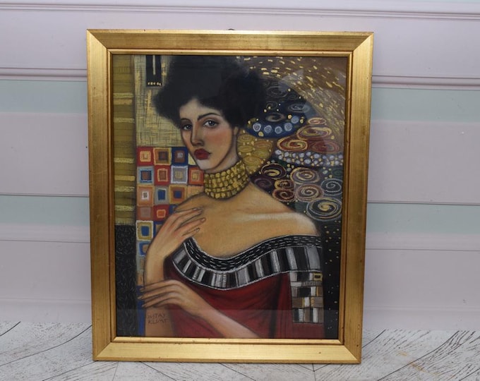 Painting Gustav Klimt Style - Abstract Old Pastel on Carton - Art Work Painting Modernist - Vintage Unique Austrian Painting - Gift Idea