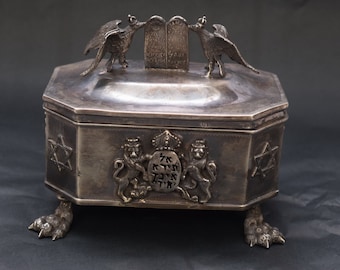 Silver jewish sugar bowl - luxury judaica sugar box - Russian old silver - old art work - two silver eagle and torah