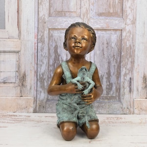 Bronze Statue Boy with Frog - Amazing Garden Statue - Young Boy with Frog - Sculpture Bronze - Richly Decorated for Garden - Gift Idea