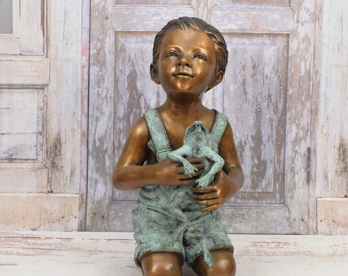 Bronze Statue Boy with Frog - Amazing Garden Statue - Young Boy with Frog - Sculpture Bronze - Richly Decorated for Garden - Gift Idea