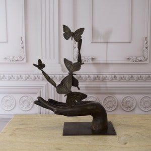 Hand Unleashing Butterflies Statue - Butterfly on Hand Amazing Bronze Figurine - Foundry Mark - Richly Decorated - Home Decor Gift Idea