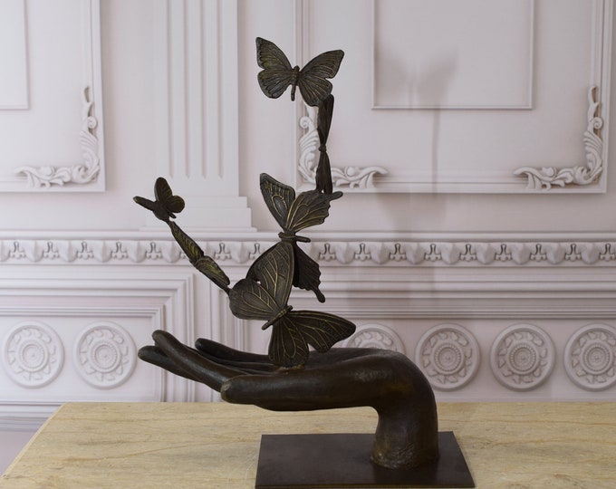 Hand Unleashing Butterflies Statue - Butterfly on Hand Amazing Bronze Figurine - Foundry Mark - Richly Decorated - Home Decor Gift Idea