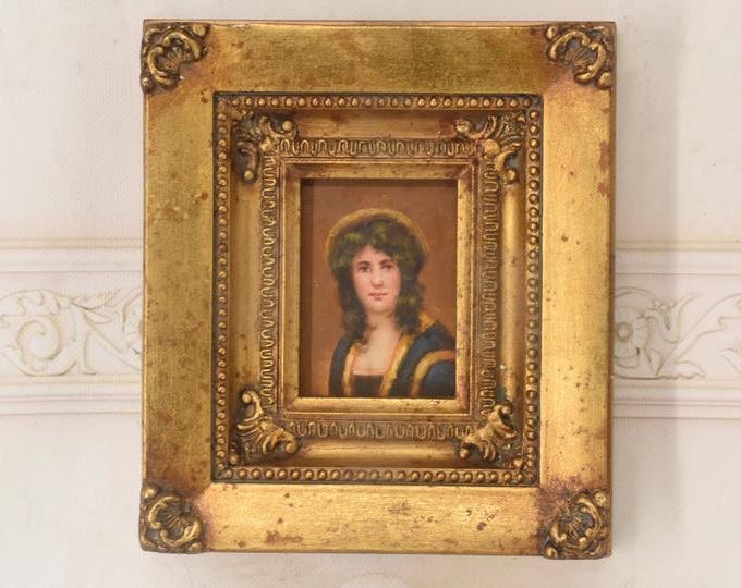 French Aristocrat Portrait Painting: Old Oil on Wood with Golden Frame