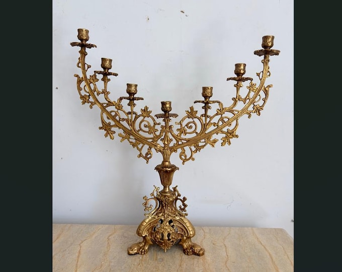 Large Vintage Brass Candelabra - 7 Arm Candle Holder - Ornate French Style Centerpiece