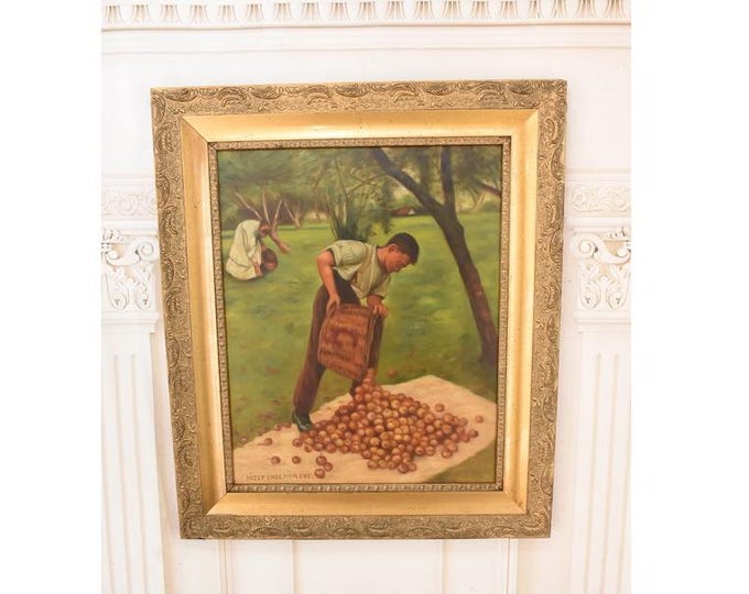Antique Oil Painting on Canvas – Man Gathering Apples