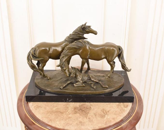 Bronze Family Horses Sculpture on Marble Base - Horse Art Figurine