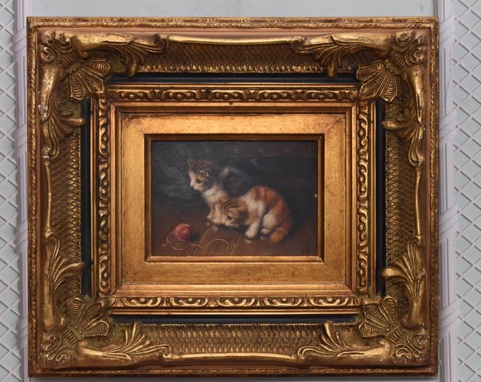 Two Cats Painting: Signed Art in Gold Frame