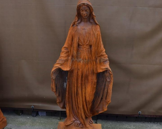 Very Large Cast Iron Madonna Statue: Rustic Vintage Our Lady Mary Sculpture