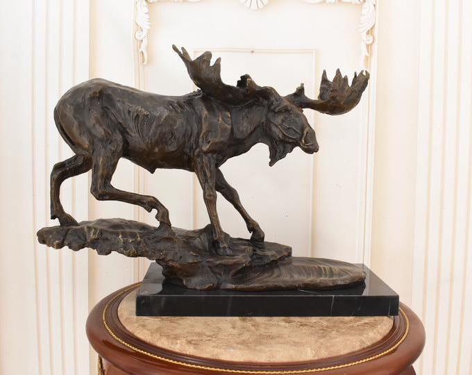 Large Bronze Moose Hunter Figurine - Signed Animal Sculpture