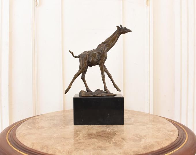 Vintage Bronze Giraffe Statue – Decorated Animal Figurine, Marble Base Safari Decor