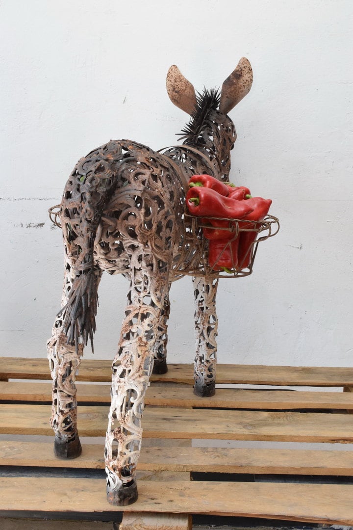 Big Iron Funny Donkey Figure - Donkey With Two Baskets Nice Big Iron Funny Donkey Figure - Donkey With Two Baskets Nice