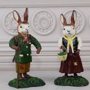 Pair Cast Iron Funny Man and Woman Rabbit  - Rustic Cast Iron Rabbit - Amazing Garden Statue - Figurine Hare - Gift Idea for Home and Garden