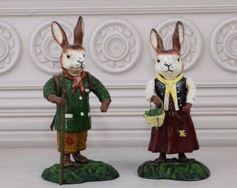 Pair Cast Iron Funny Man and Woman Rabbit  - Rustic Cast Iron Rabbit - Amazing Garden Statue - Figurine Hare - Gift Idea for Home and Garden