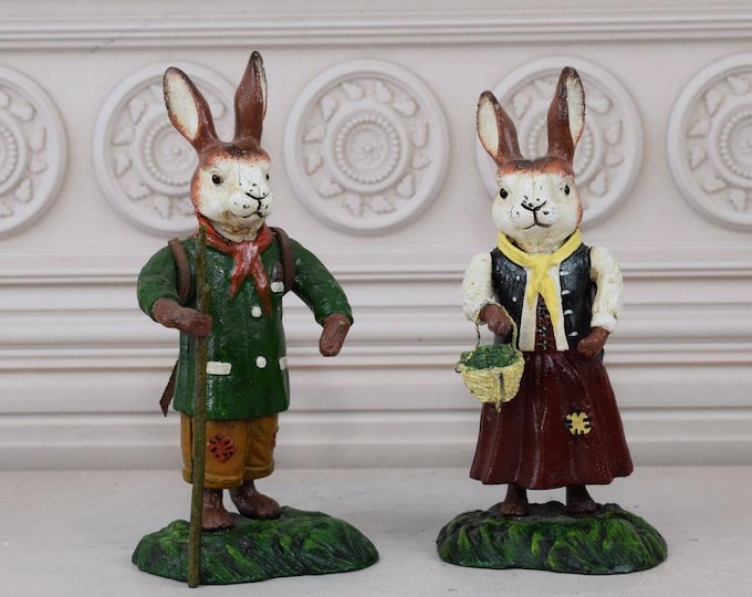 Pair Cast Iron Funny Man and Woman Rabbit  - Rustic Cast Iron Rabbit - Amazing Garden Statue - Figurine Hare - Gift Idea for Home and Garden