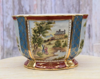 Art Nouveau Porcelain Flower Pot: Painted & Gilded Antique Decor