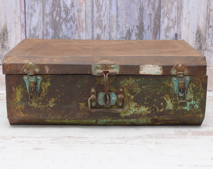Metal Brown and Green Treasure Chest - Old Chest - Metal Wardrobe - Antique Decor -Home Decor - Metal Cache - Good Gift Idea