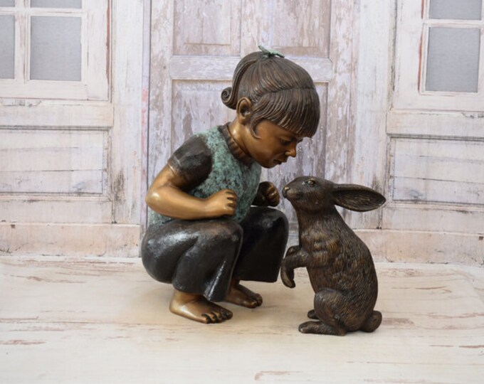 Bronze Statue Young Girl with Rabbit - Amazing Garden Statue - Beautiful Bronze Child with Rabbit- Sculpture Bronze - Decorated for Garden