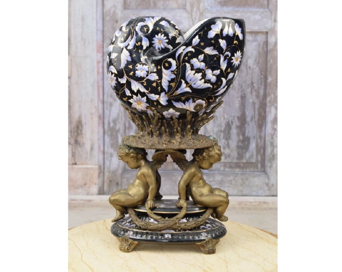 Antique Black and Purple Porcelain Vase - Vintage Plateau - Two Bronze Cherubs Bronze Ornaments - Home Decor - Gift Wedding Casket Porcelain