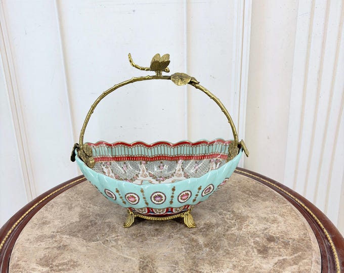 Vintage Porcelain Basket - Mint Porcelain Bowl with Bronze Mounts - Dragonfly Handle - Decorative Footed Centerpiece