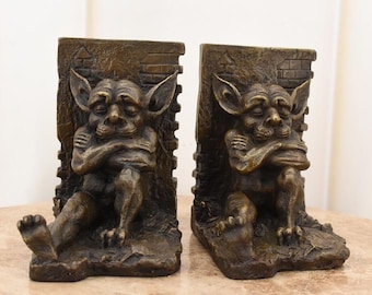 Sujetalibros de gnomo de bronce vintage: decoración de biblioteca art déco francesa firmada