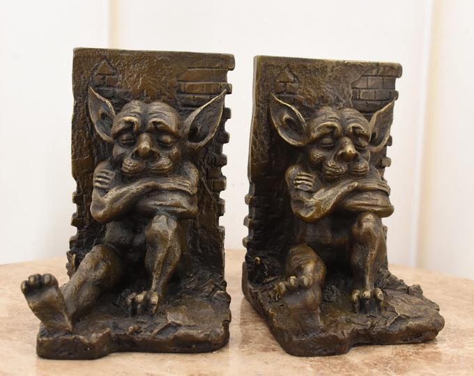 Pair of Vintage Bronze Gnome Bookends | Signed French Art Deco Figures | 1940s Bronze Sculptures | Antique Home Library Decor