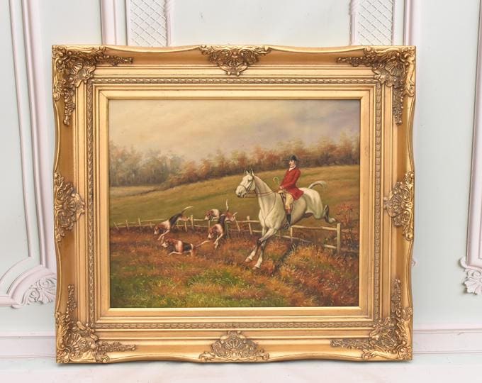 Large French Hunting Scene Wall Art | Vintage Style Painting in Ornate Gold Frame | Horsemen with Dogs