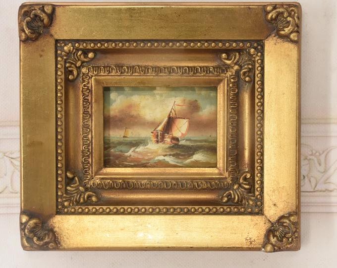 Vintage Boat Painting: Handmade Nautical Seascape with Gold Frame