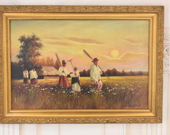 Antique Painting – Polish Harvest Scene with Reapers – Chelmonski Wall Art