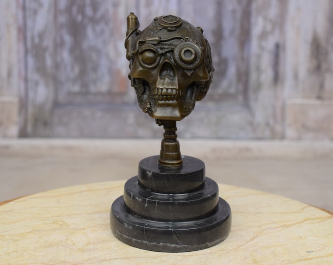 Steampunk Skeleton Bronze Sculpture on Marble Base - Skull Steampunk Figure - Abstract Statue - Home Decor - Gift Idea
