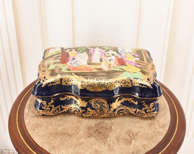Gilded French Porcelain Jewelry Box – Aristocratic Scene Casket, Signed Vintage Treasure Keepsake