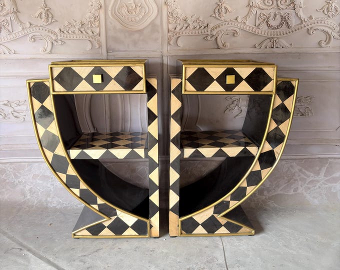 Vintage Art Deco Glamour Bedside Tables - Pair of Geometric Nightstands - Black Gold Cabinets