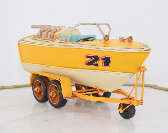 Vintage Metal Motorboat on Trailer - Collectible Toy Decor - Retro Nautical Model - Unique Gift Idea - Home Office Display