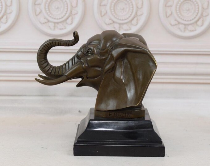 Head Elephant Sculpture F. BAZIN Signed - Bronze Statue on Marble Base - Oriental Statue - Africa Animal Sculpture - Gift Idea - Home Decor