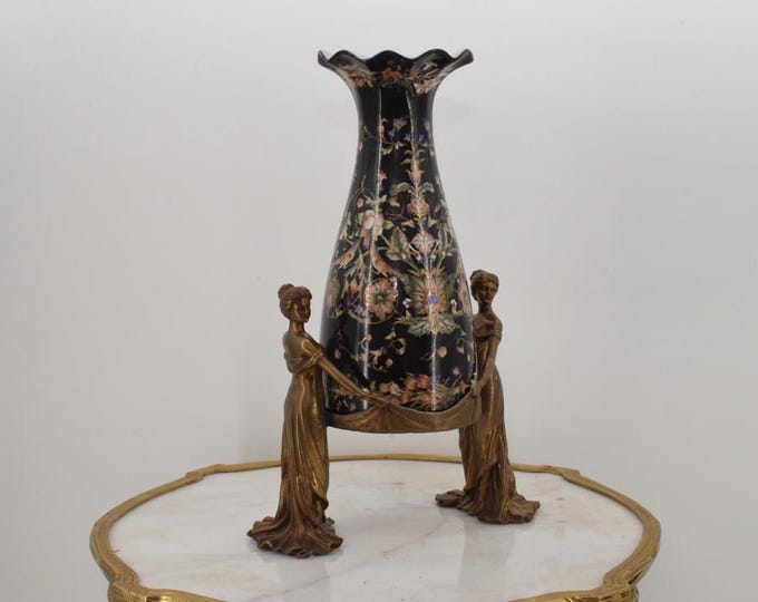 Black Porcelain Flower Pot - Vase Porcelain and Bronze Ornaments 2 Women - Bronze Statue Art Nouveau Nymphs - Home Decor - Gift for Wedding