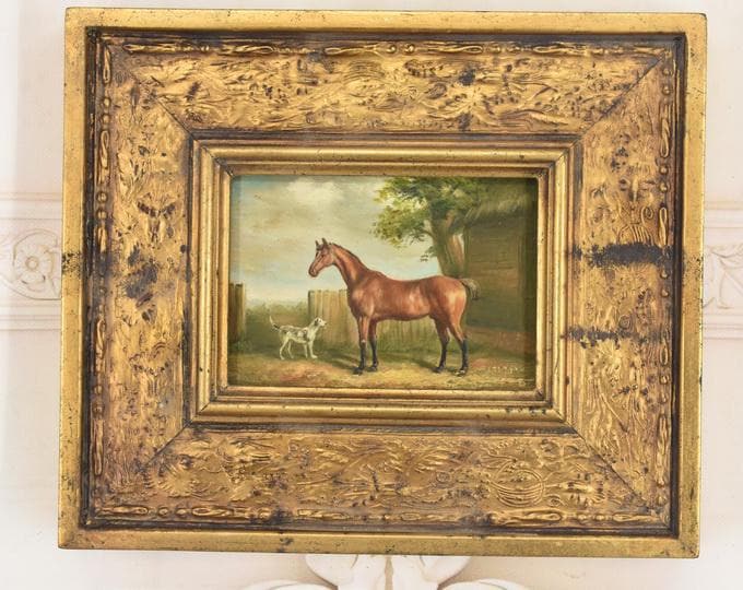 Oil Horse Painting - Gold Frame, French Art Wall - Vintage Decor