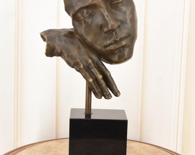 Large Bronze Pensive Face Statue - Mask Salvador Dali Style - Modernist Bronze Sculpture Woman - Art Work Abstract Figurine - Home Decor