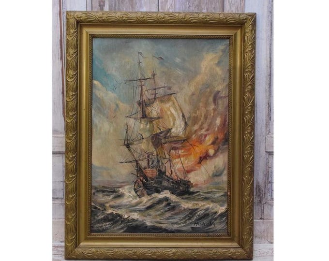 Vintage Sailing Ship Painting - Oil on Canvas - Ship at Sea - Maritime Wall Art