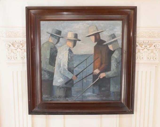 Antique Oil Painting on Canvas – Abstract Fishermen Scene – Unique Vintage Wall Art – Abstract Figurative