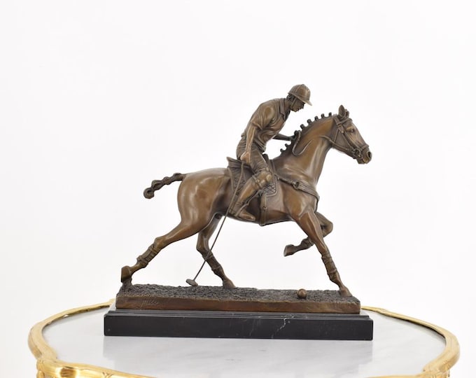 French Polo Jockey on Horseback Sculpture - Marble Base – Equestrian Sports Statue – Solid Bronze Look – Polo Rider with Mallet & Ball