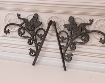 Cast Iron Shelf Brackets: Decorative Wall Ledge Hooks, Flowerpot Hangers (Pair)