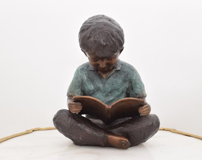 Young Boy Reading Book Bronze Statue - Young Schoolboy Sculpture - Amazing Home and Garden Figre - Richly Decorated for Garden - Gift Idea