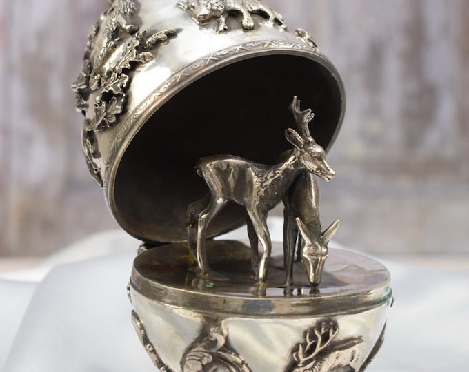 Imperial Russian Silver 84 Egg – Deer Hunting Scene, Tsarist Collector Decor