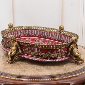Vintage Red Porcelain Fruit Bowl with Bronze | 4 Boys Holding Centerpiece | Unique Handcrafted Decorative Pedestal Dish - Home Decor
