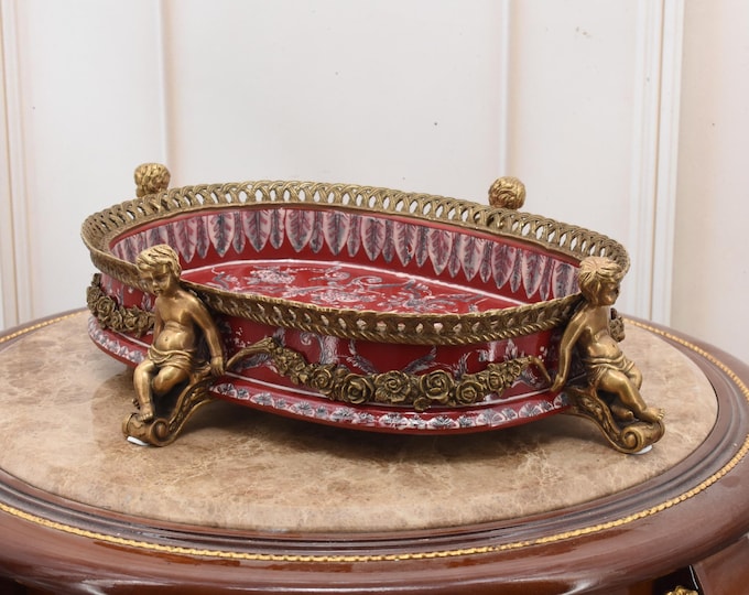 Vintage Red Porcelain Fruit Bowl with Bronze | 4 Boys Holding Centerpiece | Unique Handcrafted Decorative Pedestal Dish - Home Decor