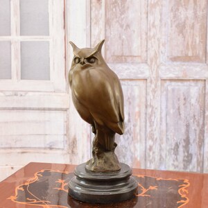 Large Bronze Owl Figurine: Vintage Wisdom Symbol on Marble Base image 3