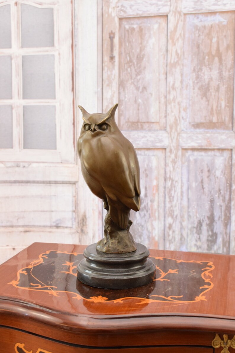 Large Bronze Owl Figurine: Vintage Wisdom Symbol on Marble Base image 3
