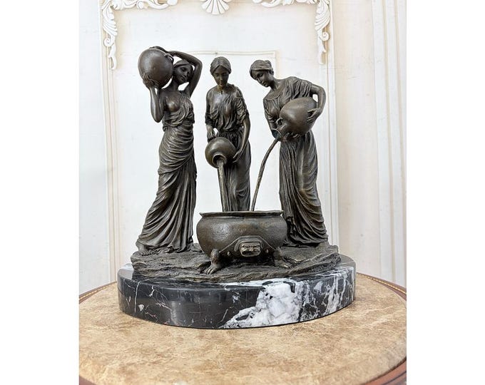 Bronze Women with Water Jugs Statue - Three Classical Ladies Fountain Scene - Marble Base - Unique Vintage Bronze Sculpture
