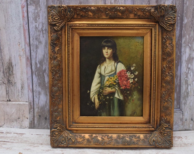 Painting Portrait Girl with Flowers - Nice Goldene Frame - Portrait Woman - Old Oil on Wood - French Art - Wall Decor - Art Work - Gift Idea